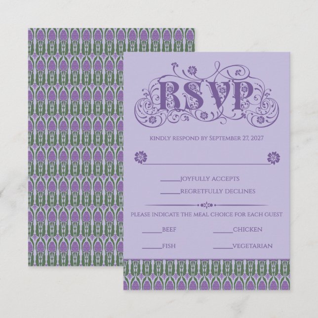 Cartão RSVP Art Nouveau Elegant Lilac Thistle Border Vertical (Frente/Verso)