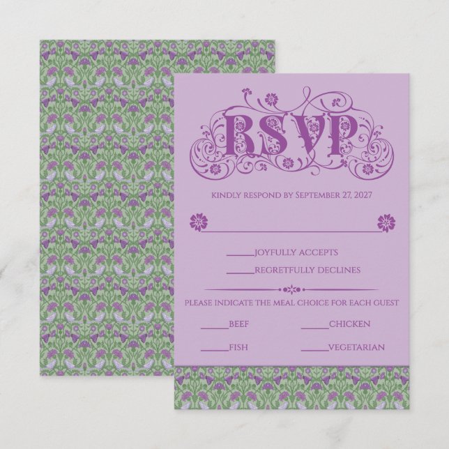 Cartão RSVP Art Nouveau Elegant Lovebirds Purple (Frente/Verso)
