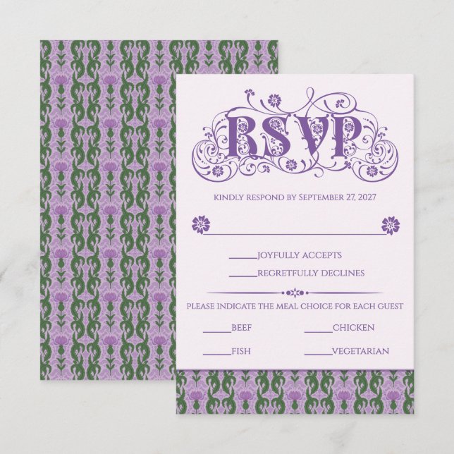 Cartão RSVP Art Nouveau Elegant Thistle Lilac (Frente/Verso)