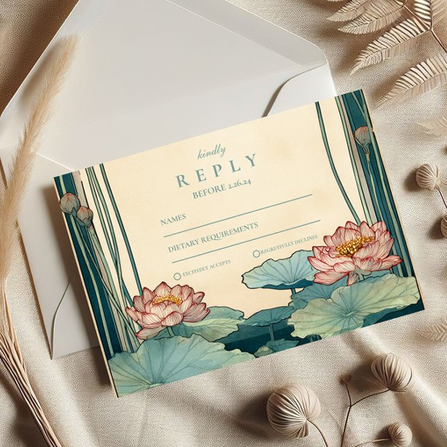 Cartão RSVP Art Nouveau Lotus Floral Wedding (Criador carregado)