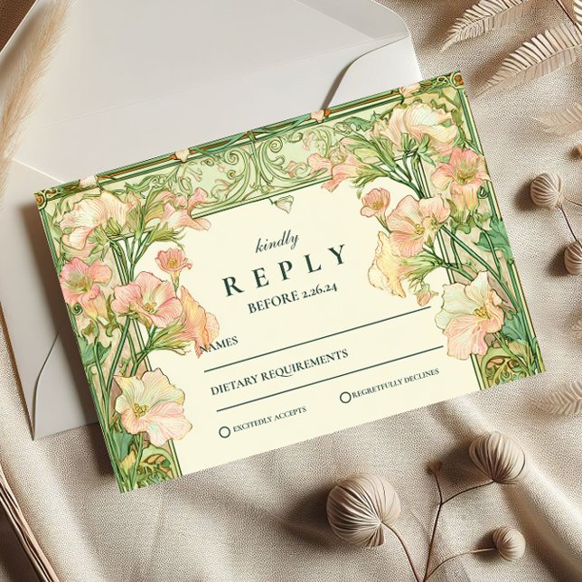 Cartão RSVP Art Nouveau Pink Sweet Pea Weding (Criador carregado)