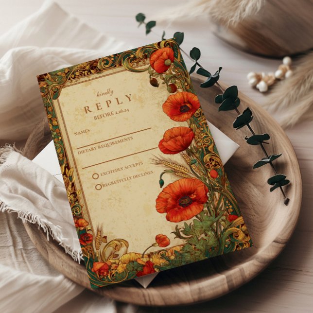 Cartão RSVP Art Nouveau Poppy Wedding (Criador carregado)