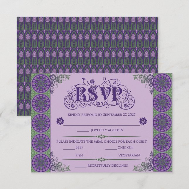 Cartão RSVP Art Nouveau Purple Thistle Wheel Horizontal (Frente/Verso)