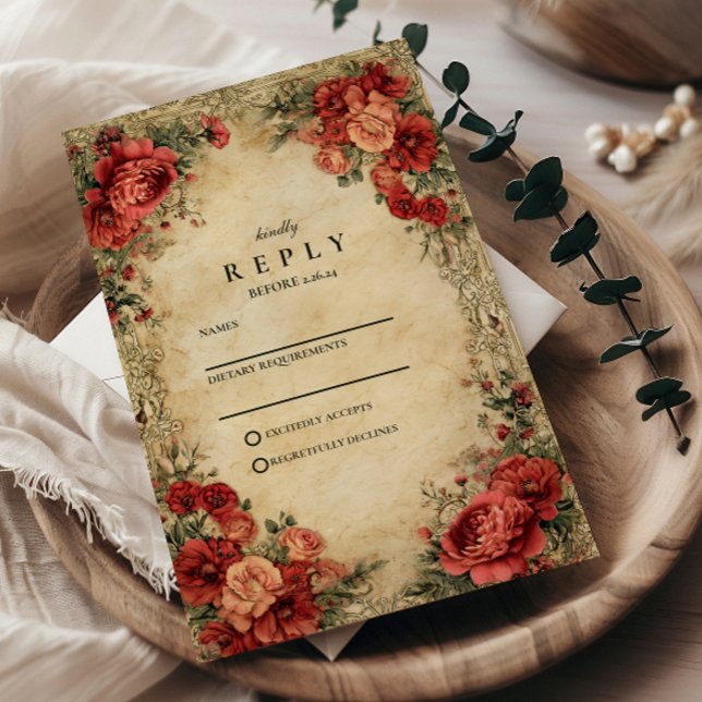 Cartão RSVP Art Nouveau Rosa vermelha Wedding (Criador carregado)