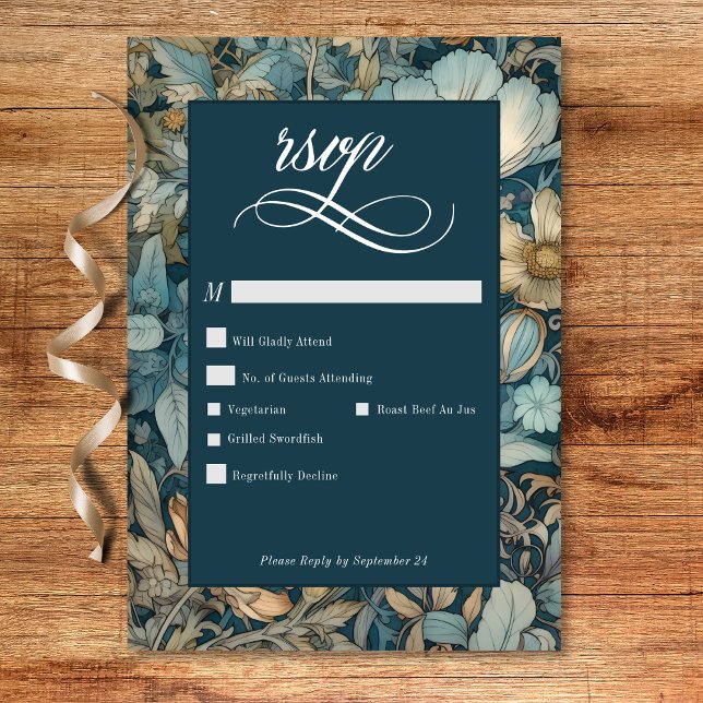 Cartão RSVP Art Nouveau Teal William Morris Casamento Floral (Art Nouveau Teal William Morris Floral Wedding RSVP Card)