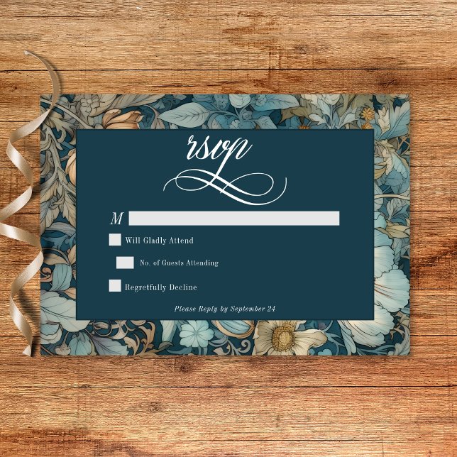 Cartão RSVP Art Nouveau Teal William Morris Casamento Floral (Art Nouveau Teal William Morris Floral Wedding RSVP Card)