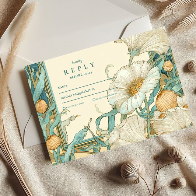 Cartão RSVP Art Nouveau White Poppy Casamento (Criador carregado)