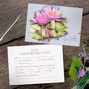 Cartão RSVP arte botânica de nenúfar rosa roxo azul casamento