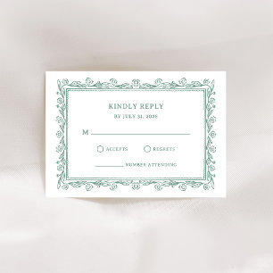 Cartão RSVP Arte Botânica em Linhas Casamento Verde Salvia