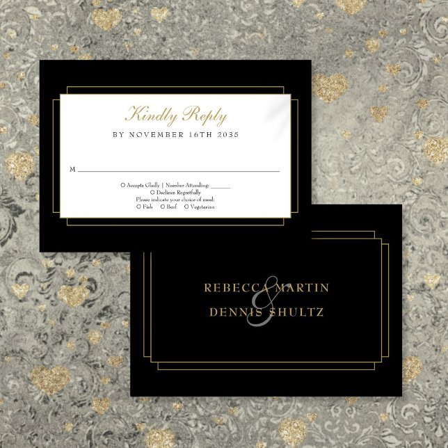 Cartão RSVP Arte Clássica Deco Negra e Dourada Casamento (Classic Art Deco Black and Gold Wedding RSVP Card)