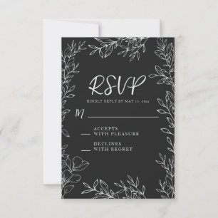 Cartão RSVP Arte de Linha Botânica Preto Branco Casamento