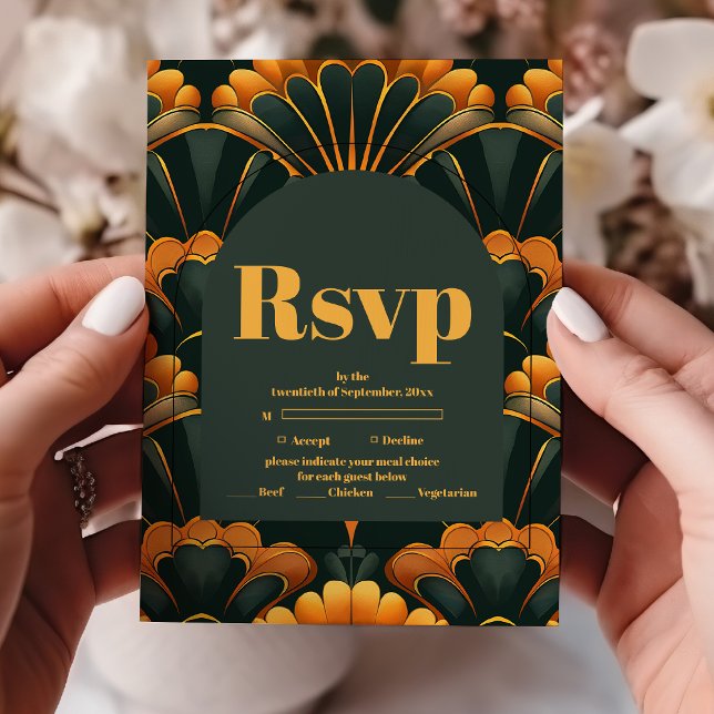 Cartão RSVP Arte Deco Roaring 20s Casamento (Criador carregado)