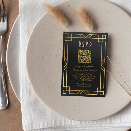 Cartão RSVP Arte elegante Deco preto Dourado clássico QR