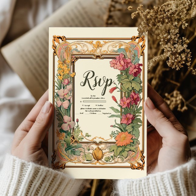Cartão RSVP Arte Floral Decorativa Nouveau Casamento (Criador carregado)