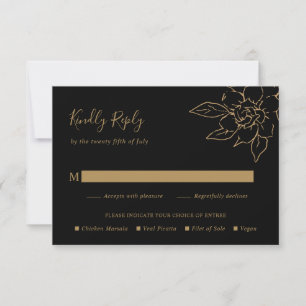 Cartão RSVP Arte Floral Preto e Dourado Linha Elegante Casamen
