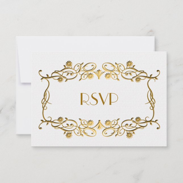 Cartão RSVP Arte Francesa Deco Ivory White Gold Foil Casamento (Frente)