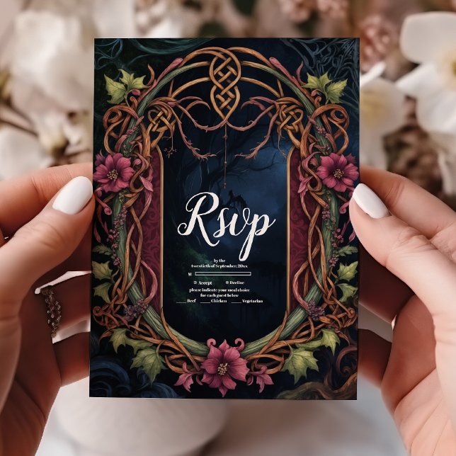 Cartão RSVP Arte Nouveau Casamento de Dia das Bruxas Floral Gó (Criador carregado)