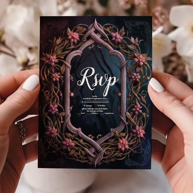 Cartão RSVP Arte Nouveau Casamento de Dia das Bruxas Floral Gó (Criador carregado)