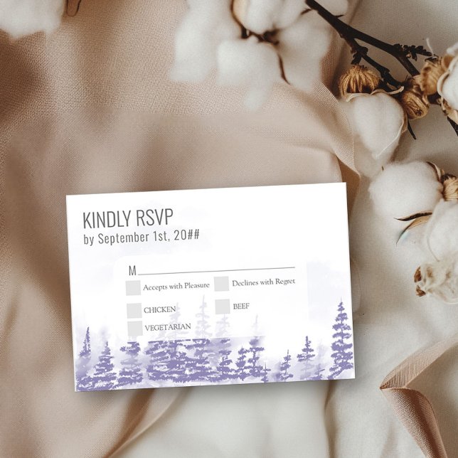 Cartão RSVP Árvore de Lavanda de Aquarela da Floresta Inverna (Wedding RSVP from my Winter Forest Lavender Wedding Collection)