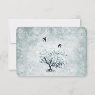 Cartão RSVP Árvore Folha de Folha de Pássaro Azul-Damasco