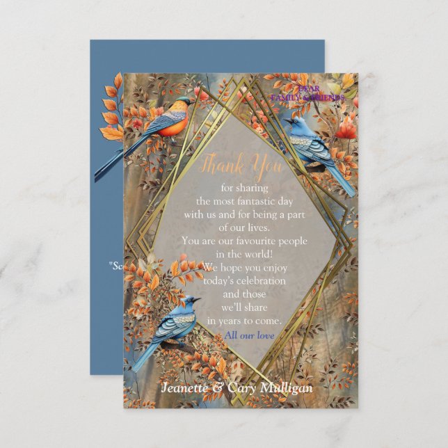 Cartão RSVP Árvores altas, Folhas de outono e Aves Azuis. (Frente/Verso)