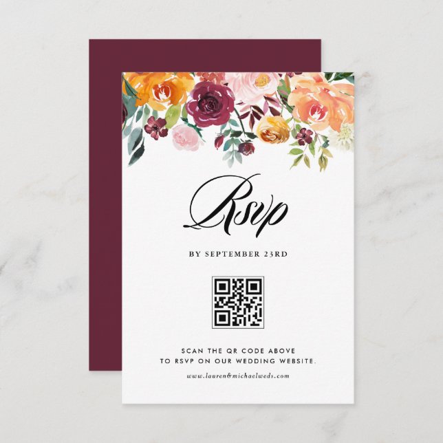 Cartão RSVP Autumn Blooms Floral Garland Casamento outono Códi (Frente/Verso)