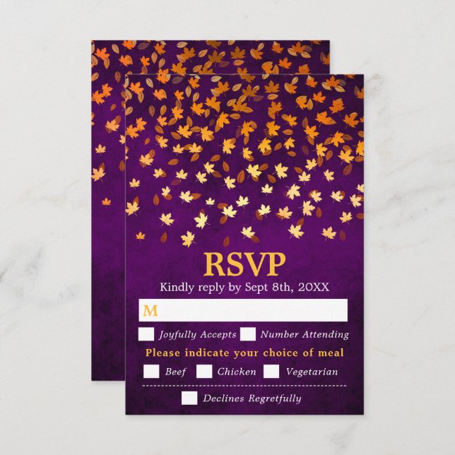 Cartão RSVP Autumn Deixa A Roxinha De Casamento Roxo (Frente/Verso)