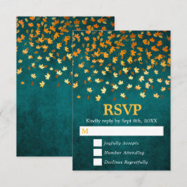 Cartão RSVP Autumn Deixa Casamento Dourado e Teal Grunge