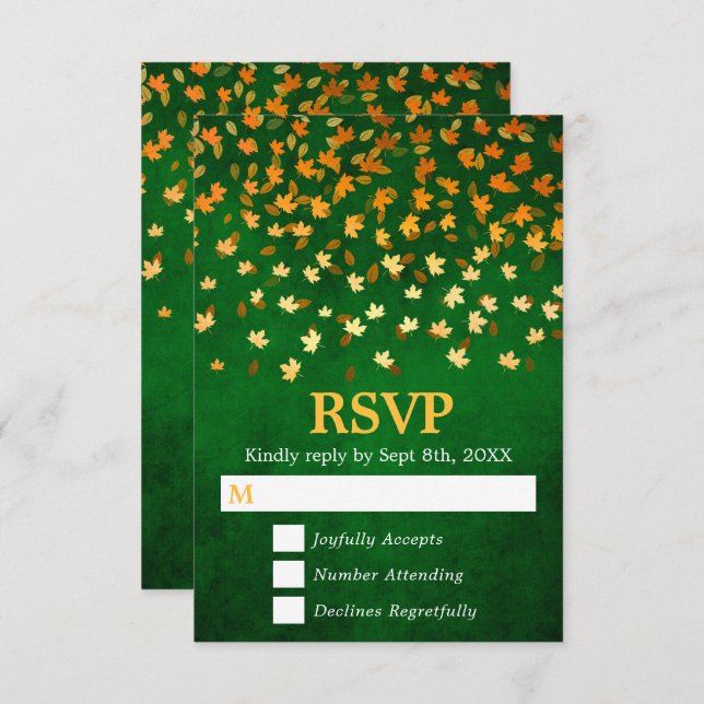 Cartão RSVP Autumn Deixa Casamento Grunge Dourado e Verde (Frente/Verso)