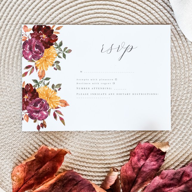 Cartão RSVP Autumn Floral com BoId Watercolor bloom (Criador carregado)