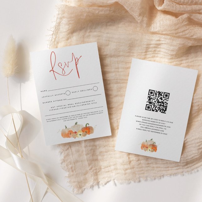 Cartão RSVP Autumn Glittery Pumpkins Florals Script QR Code (Criador carregado)