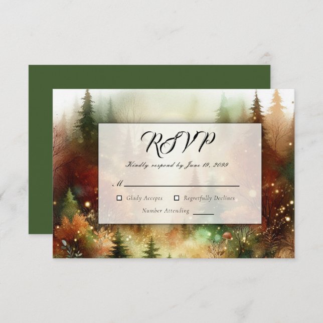 Cartão RSVP Autumn Glow in the Enchanted Forest Wedding (Frente/Verso)