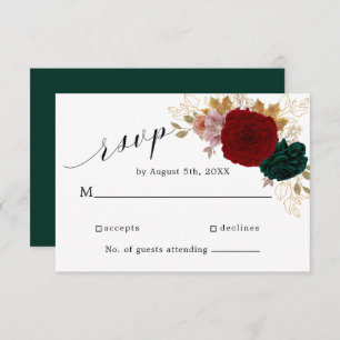 Cartão RSVP Autumone Dourada Burgundy Emerald Greeny Floral