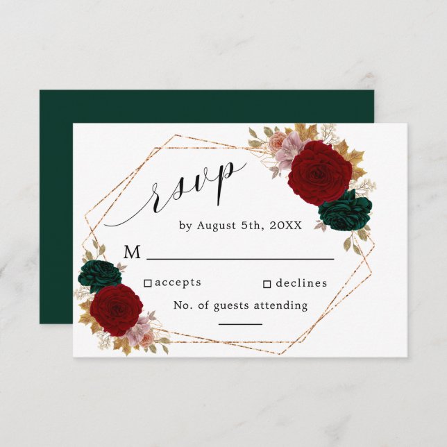Cartão RSVP Autumone Dourada Burgundy Emerald Greeny Floral RS (Frente/Verso)