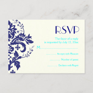 Cartão RSVP Azuis marinhos do damasco, aqua que wedding o