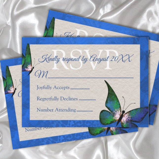 Cartão RSVP Azul Borboleta Verde Quinceañera (elegant royal blue white quinceanera rsvp card with blue edge and butterfly card template customize)