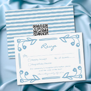Cartão RSVP Azul Caprichoso Faixa Floral Desenhada à Mão Casam