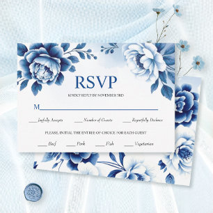 Cartão RSVP Azul Chinoiserie floral, casamento de lavagem a aq
