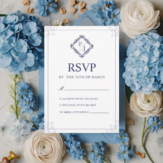 Cartão RSVP Azul de Casamento Clássico Elegante Ma