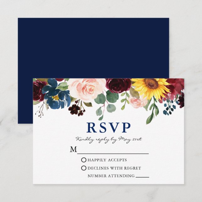 Cartão RSVP Azul De Casamento Floral De Aquarela Elegante (Frente/Verso)