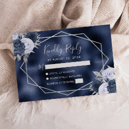 Cartão RSVP Azul Desbotado Prata Floral Geométrico Azul Naval