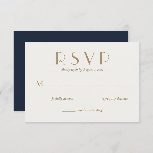 Cartão RSVP Azul Dourado de Casamento Mínimo Moder (Frente/Verso)