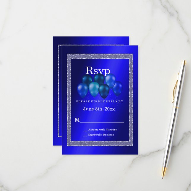 Cartão RSVP Azul e Balões de Aniversário (Frente/Verso In Situ)