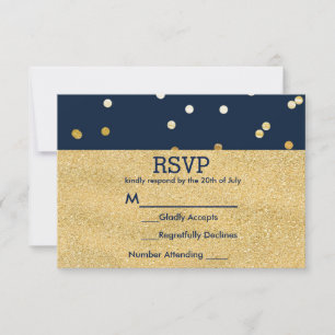 Cartão RSVP Azul e Dourado Confetes Pontos Brilhantes Chic Mod