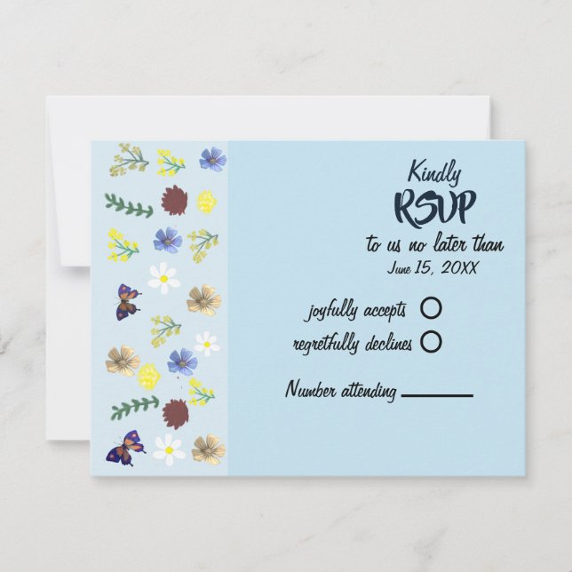 Cartão RSVP Azul Elegante Boho Wildflower (Frente)