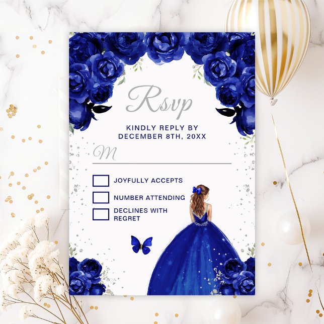Cartão RSVP Azul escuro e prata, princesa de cabelo castanho (Criador carregado)