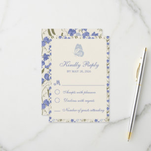 Cartão RSVP Azul Floral e Creme de Ervilha doce