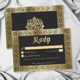 Cartão RSVP Azul Gótico Ouro Medieval Até a Morte Casamento QR