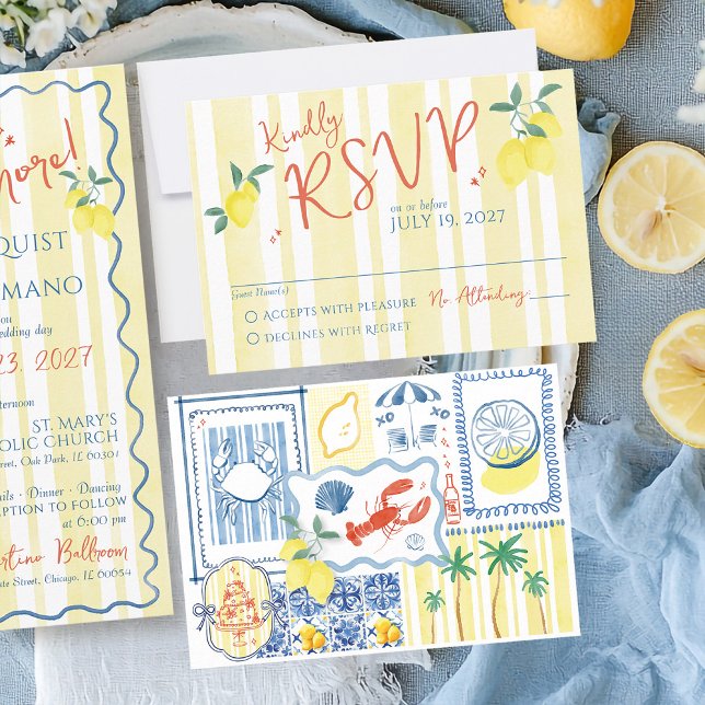 Cartão RSVP Azul-limão italiano que é Casamento Desenhado à Mã (That's Amore blue and watercolor yellow stripes Italian Amalfi Coast Lemons Wedding Invitation RSVP)