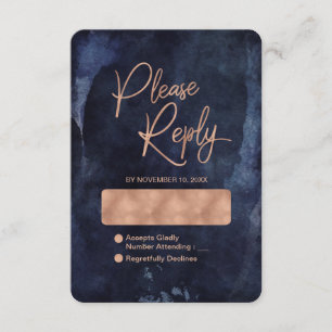 Cartão RSVP Azul Marinho Aquarela Rosa Dourado Casamento Respo